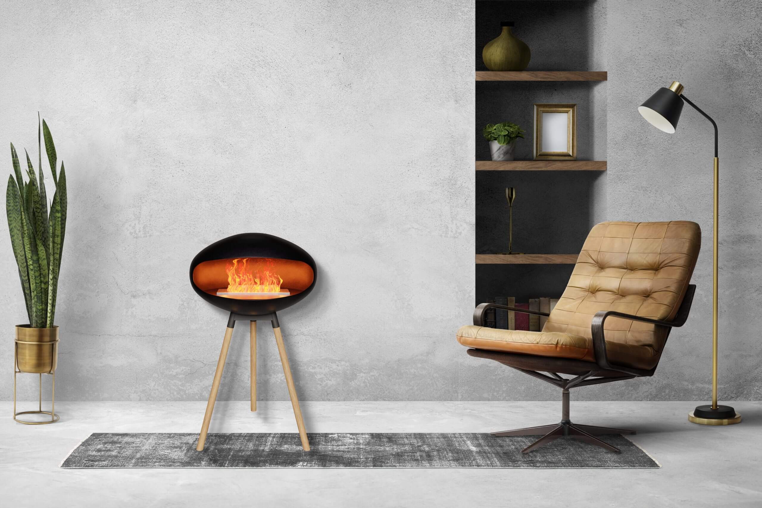 Een driepoot bio-ethanol kachel met een modern design